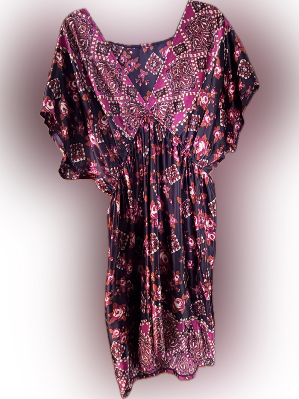 Boho Floral V-Neck Kimono Sleeve Midi Dress | Purple & Navy | Women’s Plus Size